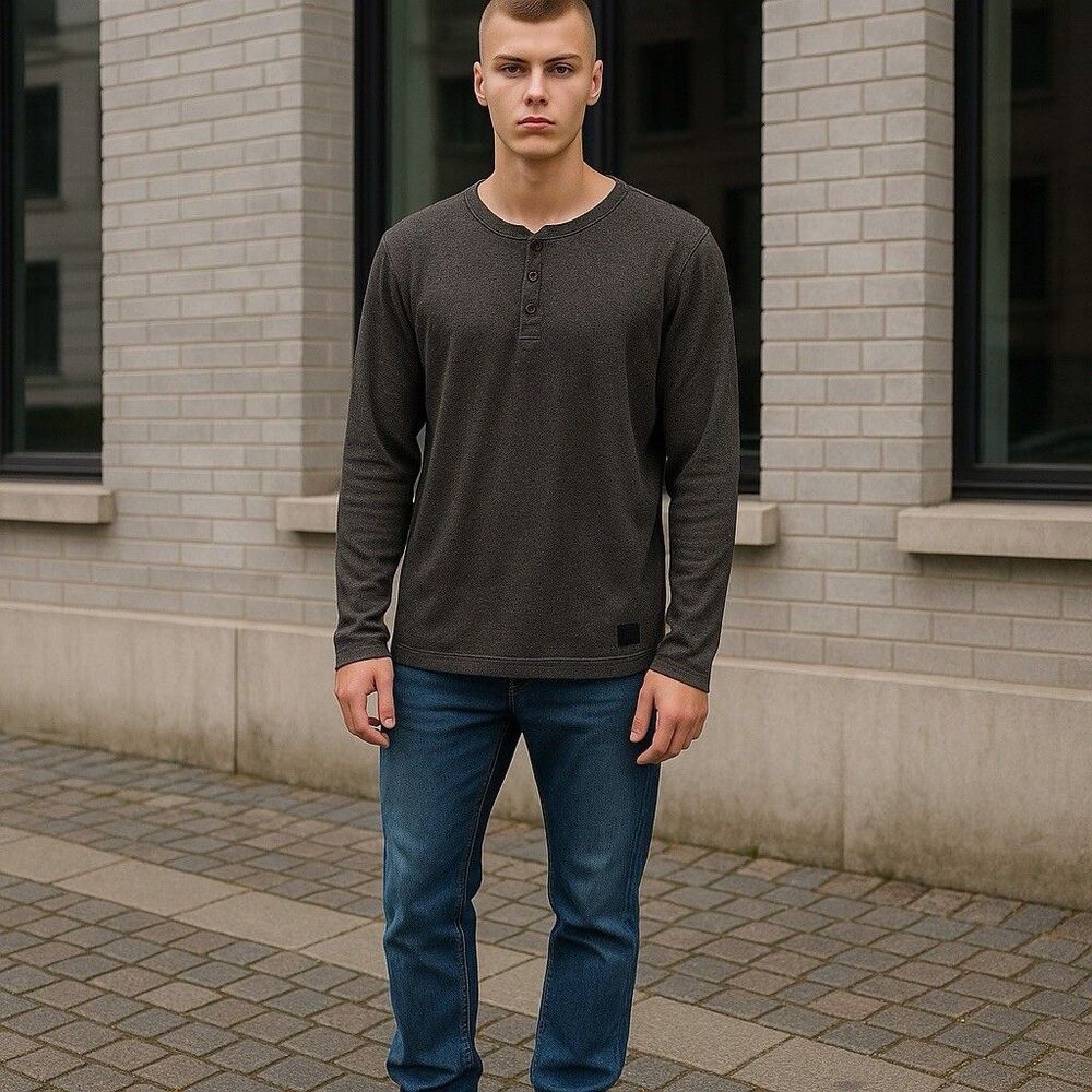 FIVE FOUR Mens Heathered Charcoal Long Sleeve Casual Henley Shirt SIZE XLARGE